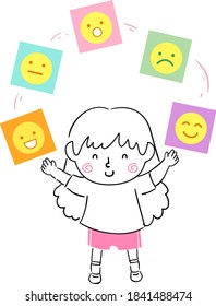 Illustration of a Kid Girl Doodle Juggling Different Emotions, Emotional Quotient