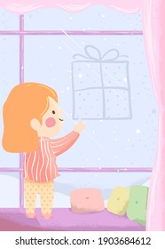 Illustration of a Kid Girl Drawing a Gift Box on the Window Fog