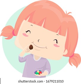 Illustration of a Kid Girl Eating Easter Egg Chocolates