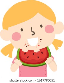 Illustration of a Kid Girl Eating a Slice of Watermelon with Few Pieces Around Her Mouth