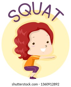 Illustration of a Kid Girl Exercising and Showing How to do Squat