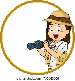 Illustration of a Kid Girl Explorer in Costume and Holding Binoculars Frame