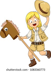 Illustration of a Kid Girl Explorer Holding a Hat and a Wooden Toy Horse