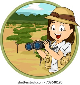 Illustration of a Kid Girl Explorer Holding a Binoculars Overlooking the Savanna