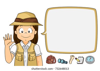 Illustration of a Kid Girl Explorer Waving Her Hand with a Blank Speech Bubble