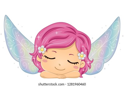 Illustration of a Kid Girl Fairy with Wings with Her Eyes Closed Sleeping