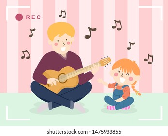 Illustration of a Kid Girl and Father Singing and Playing the Guitar and Being Recorded on Camera