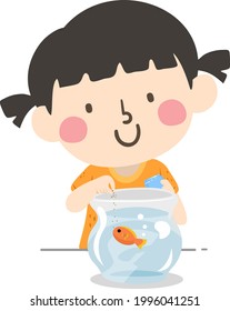 Illustration of a Kid Girl Feeding Fish as Pet Helper, a Classroom Job