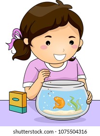 Illustration Of A Kid Girl Feeding Her Pet Goldfish In A Fish Bowl