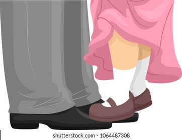 Illustration of a Kid Girl Feet on Top of Her Fathers Feet and Dancing