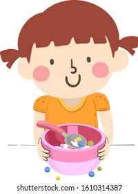 Illustration of a Kid Girl Fixing a Bowl of Cereal with Spoon and Spilled Cereals on Table