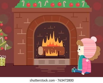 Illustration of a Kid Girl In Front of a Fireplace Watching Yule Log in Christmas