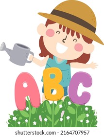 Illustration of Kid Girl Gardener Wearing Hat and Holding Watering Can for a Plant with ABC Flowers