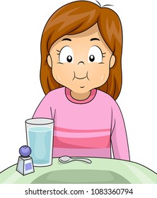 Illustration of a Kid Girl Gargling Salt and Water on Her Mouth