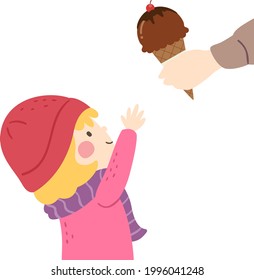 Illustration of a Kid Girl Getting an Ice Cream on Cone with a Hand Giving It