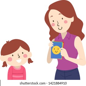 Illustration of a Kid Girl Guessing the Emotion from the Flash Cards Used by Her Mother