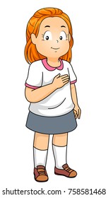 Illustration of a Kid Girl with Hand on Heart Reciting a Pledge of Allegiance