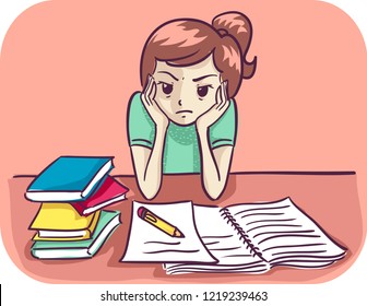 Illustration of a Kid Girl with Hands on Face Frustrated with her Homework, with Open Notebook, Paper, Pencil and Books