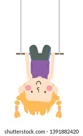 Illustration of a Kid Girl Hanging Upside Down from a Static Trapeze