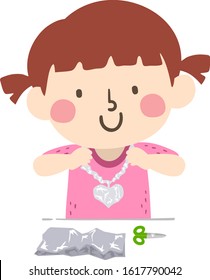 Illustration of a Kid Girl Happily Holding a Necklace Made of Aluminum Foil