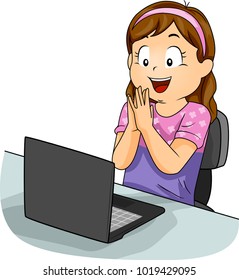Illustration of a Kid Girl Happy to Learn Something from Her Laptop