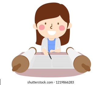 Illustration of a Kid Girl Having a Bat Mitzvah, Using a Yad or Pointer and Reading the Torah