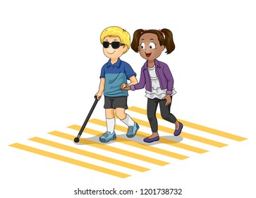 Illustration of a Kid Girl Helping a Blind Kid Boy Crossing the Street