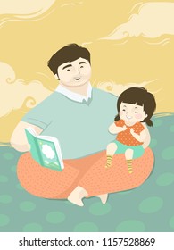 Illustration of a Kid Girl with Her Father Reading Her a Book