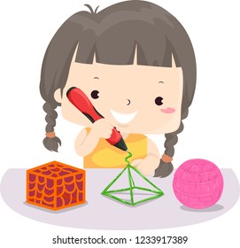 Illustration of a Kid Girl Holding a 3D Printing Pen Making a Pyramid