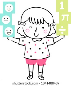 Illustration of a Kid Girl Holding and Balancing EQ and IQ Elements on Her Hands