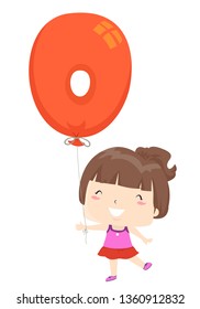 Illustration of a Kid Girl Holding a Balloon Shaped as Zero