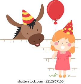 Illustration Of Kid Girl Holding Balloon With Donkey Wearing Birthday Hats In Farm Petting Zoo