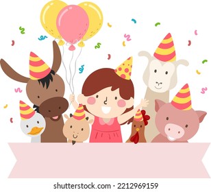 Illustration of Kid Girl Holding Balloons with Farm Animals Wearing Birthday Hats with Blank Banner and Confetti Celebrating Birthday on Petting Zoo