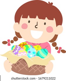 Illustration of a Kid Girl Holding a Basket of Painted and Colorful Easter Eggs