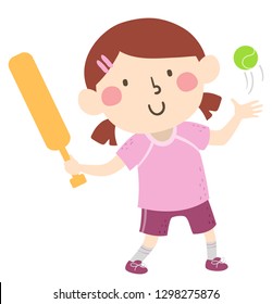 Illustration of a Kid Girl Holding a Bat and a Tennis Ball Playing Brannboll