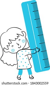 Illustration of a Kid Girl Holding a Big Blue Ruler