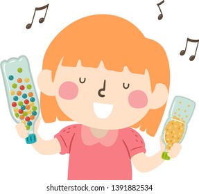 Illustration of a Kid Girl Holding Bottles with Balls Inside Creating Music. Sensory Music Shaker