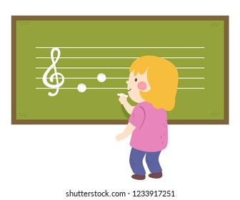 Illustration of a Kid Girl Holding Chalk and Writing Musical Notes on the Blackboard