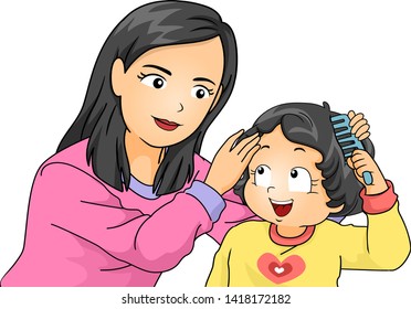 Illustration of a Kid Girl Holding Comb and Her Mother Teaching Her to Comb Her Hair