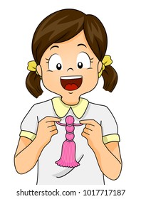 Illustration of a Kid Girl Holding a DIY Braided Yarn Doll She Made