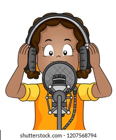 Illustration of a Kid Girl Holding Headphone and Singing a Song or Talking to a Microphone