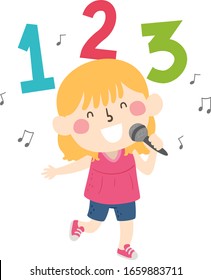 Ilustración de una niña sosteniendo un micrófono y cantando una canción sobre números con 123 y notas musicales alrededor