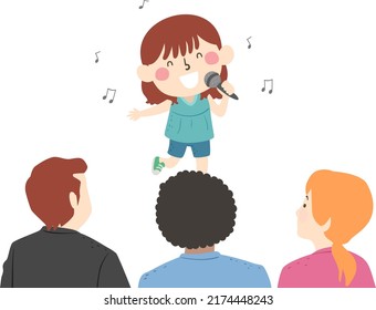 Illustration Of A Kid Girl Holding Microphone And Singing A Song In An Audition With Girl And Man Judge