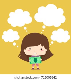 Illustration of a Kid Girl Holding Money Surrounded by Blank Thinking Clouds