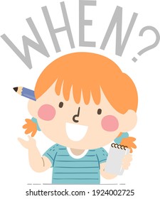 Illustration of a Kid Girl Holding Notes and Asking a When Question for a Journalism Class