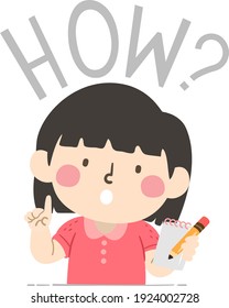 Illustration of a Kid Girl Holding Notes and Pencil and Asking a How Question for a Journalism Class