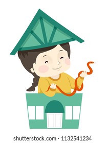 Illustration of a Kid Girl Holding an Orange Corn Snake from Inside a Pet Shop