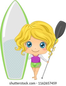 Illustration of a Kid Girl Holding Paddle and a Board for Paddleboarding