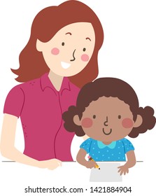 Illustration of a Kid Girl Holding a Pencil and Writing on Paper with Her Teacher