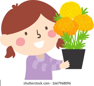 Illustration of a Kid Girl Holding a Potted Marigold Plant with Big Flowers for the Altar